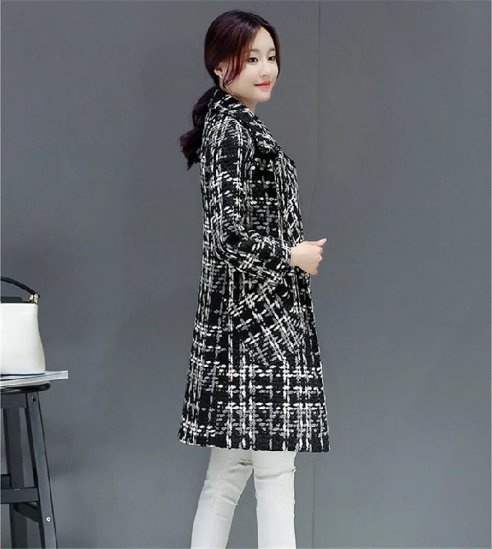 KENDRA Design Women's Fine Fashion Elegant Luxury Style Black & White Plaid Wool Coat Jacket Oversized Jacket Tailored Jacket Straight Jacket