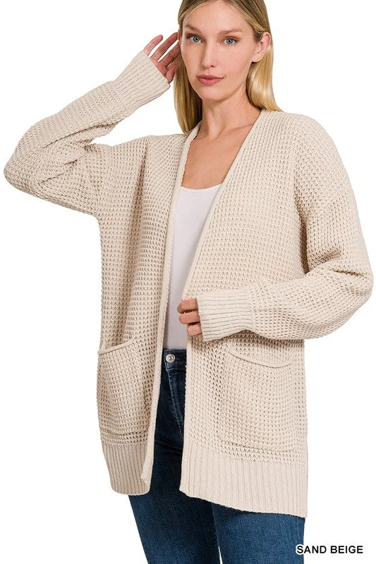 Find Your Roots Sand Beige Waffle Knit Pocket Cardigan Mesh Blend Leather Blend Suede Blend