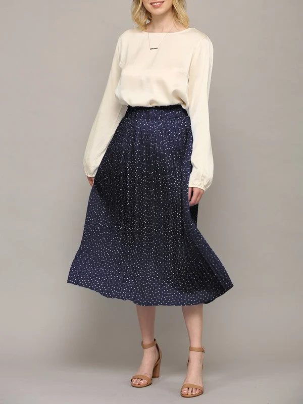 Adeline Navy Polka Dot Pleated Midi Skirt wool skirt sturdy