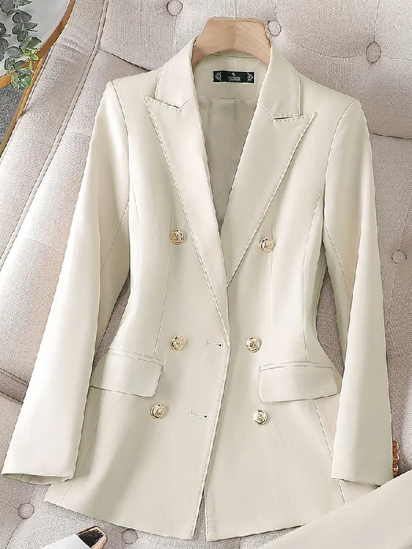 CAROLINE SUITS Women's Elegant Stylish Fashion Office Professional Solid Color Ivory White Blazer Jacket Ribbed Jacket Pleated Jacket Ruffled Jacket
