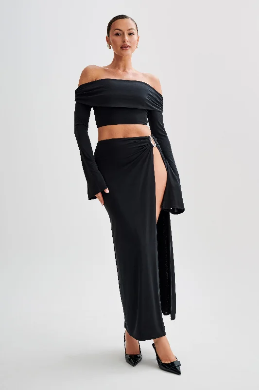 Suri Slinky Maxi Skirt With Silver Hardware - Black cashmere skirt soft