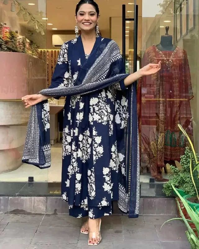 women's Viscose Blue Straight Kurta And Pant Set With Dupatta - Alvami Classic Bootcut Trousers