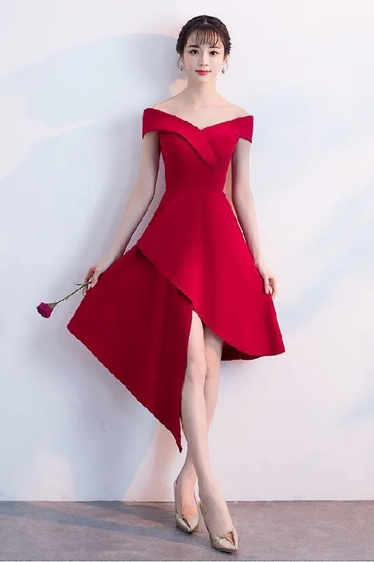 Simple Red Satin Off The Shoulder Homecoming Dresses Party Dresses PD090 Lace Sexy Club