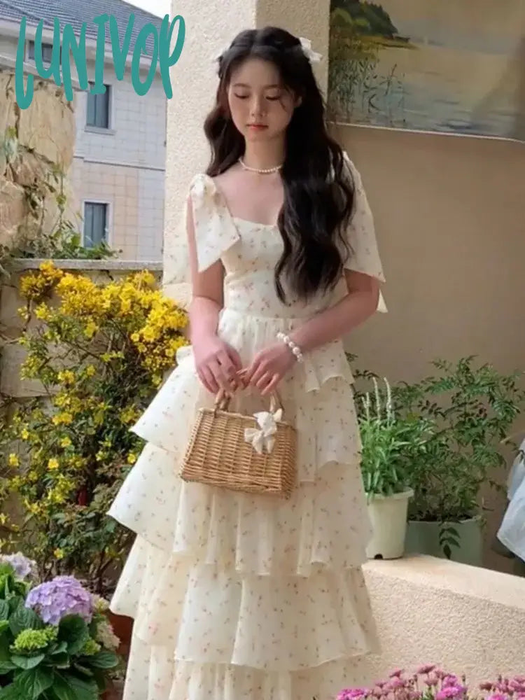 Lunivop Summer Elegant Floral Print Cake Party Dress Women Sleeveless Lace Up Princess Dress Lady Holiday Beach Dress Tunics Cozy soft