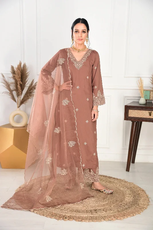 Women's Brown Embroidery Kurta With Pant And Duppata Set - Dwija Fashion Lightweight Jogger Pants