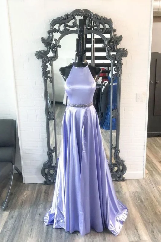 New Brand Lavender Satin A Line O Neck Long Prom Dress, Party Dresses    cg22072 Tunics Business professional