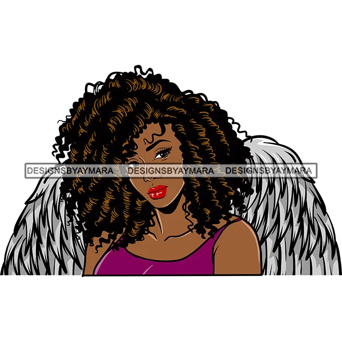 Black Goddess Angel Angelic Wings Purple Tank Top Style Curly Hairstyle SVG JPG PNG Vector Clipart Cricut Silhouette Cut Cutting one shoulder tank