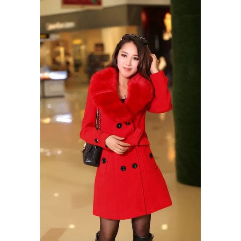 MDG Women's Fine Fashion Red Coat Jacket Premium Quality Fur Collar Designer Wool Coat Jacket Denim Fabric Leather Fabric Suede Fabric