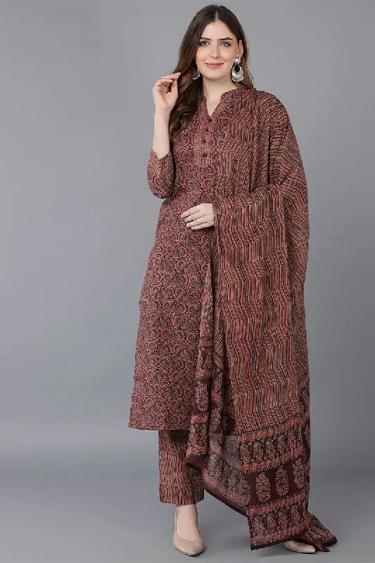 Women's Cotton Blend Printed Kurta Pants With Dupatta  - Ahika Comfy Zip-Up Pants