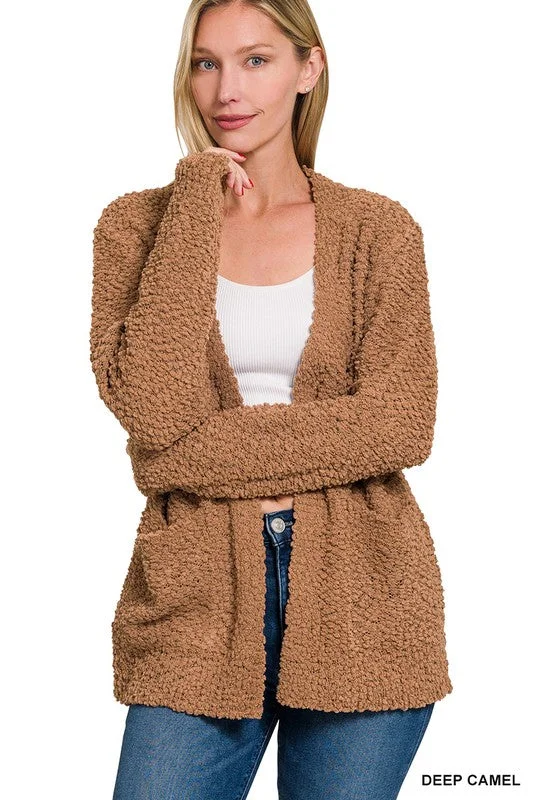 Morning Coffee Deep Camel Popcorn Detail Open Cardigan Spandex Blend Rayon Blend Denim Blend