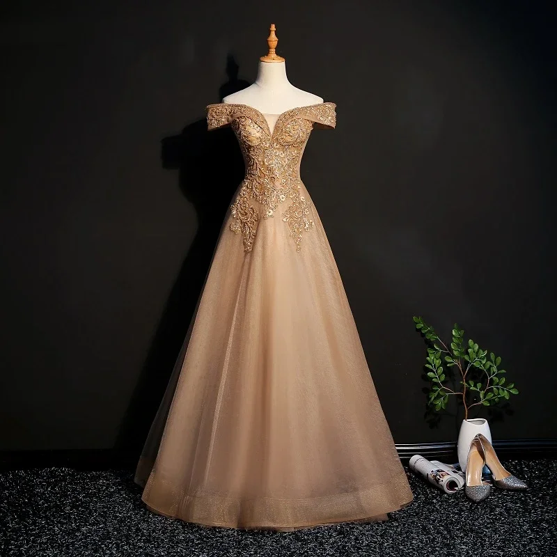 Champagne Tulle Off Shoulder Lace Applique Party Dress, A-Line Floor Length Long Evening prom Dress   cg21829 Tunics Brand named
