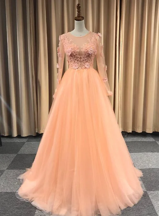Light Orange Tulle Long Sleeves With Lace Party Dress, Long Prom Dress Formal Dress   cg20450 Tunics Favorite customer