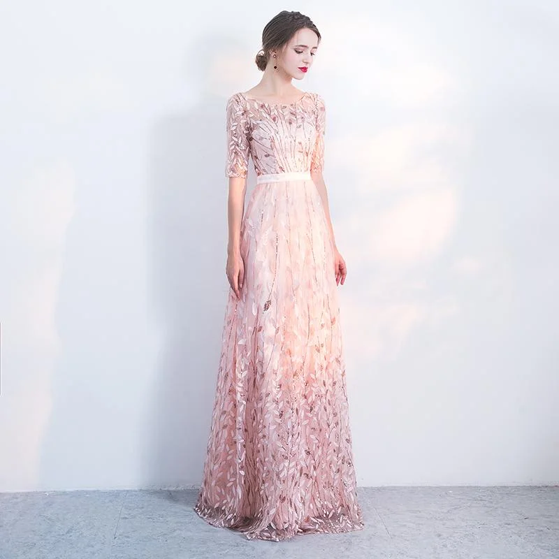 Pink Short Sleeves Lace Floral Party Dress, A-Line Wedding Party Dress prom Dress    cg20823 Tunics Evening elegant