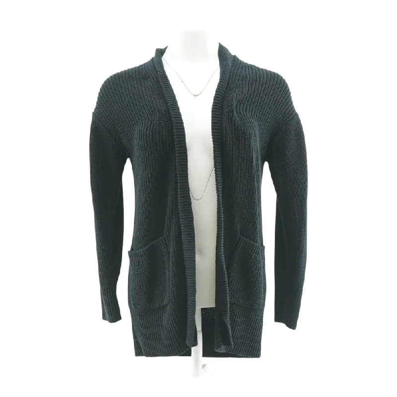 Black Solid Cardigan Sweater Satin Blend Silk Blend Wool Blend