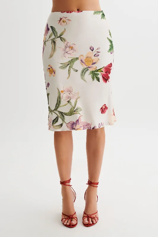 Allegra Satin Knee Length Skirt - Bella Rosa Print linen skirt breathable