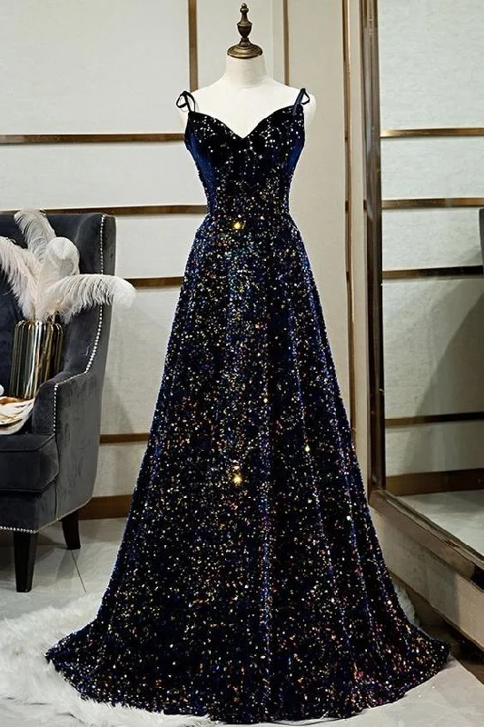 Sparkly A Line Spaghetti Straps Lace Up Back Long Prom Dresses, Evening Party Dresses   cg22287 Tunics Satin smooth