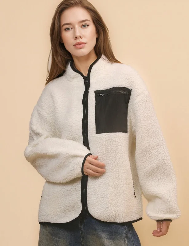 Ladies Color Block Fleece Pocket Zip Jacket SKT4671 Chenille Jacket Brocade Jacket Lace Jacket