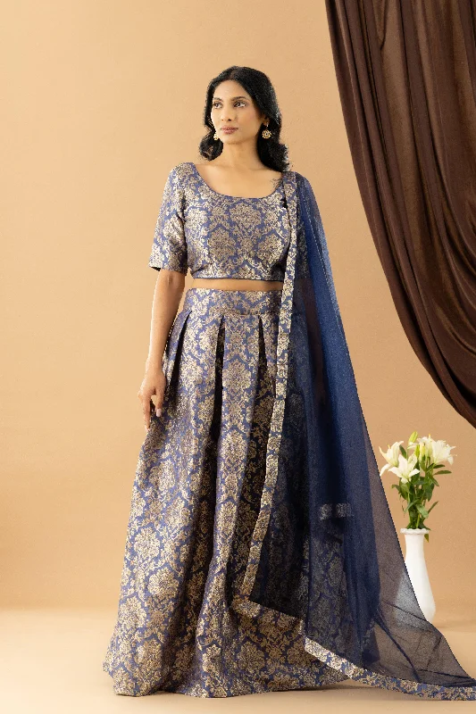 Bahaar Ink Blue Jacquard Skirt Blouse Dupatta Set lace skirt romantic