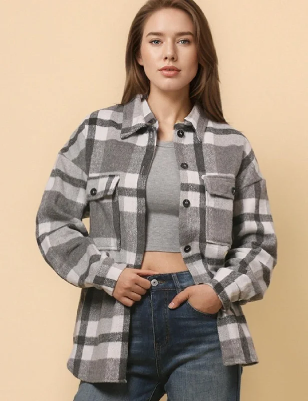 Ladies Flano Plaid Turndown Collar Jacket SKT4795 Rayon Fabric Velvet Fabric Corduroy Fabric