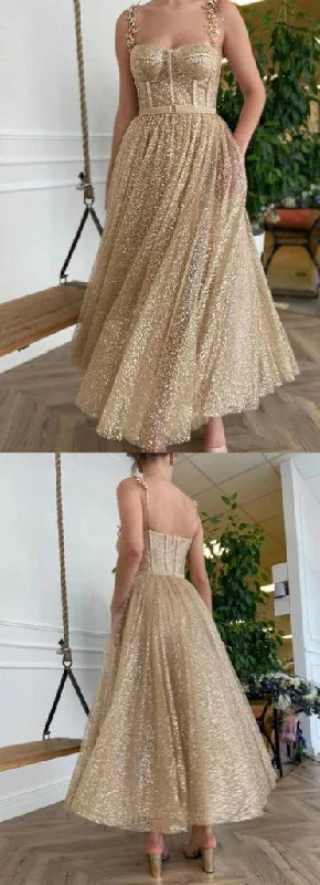 Gold Glitter Teal Length Prom Dresses Straps A Line Short Evening Dress Party dresses Custom Made     cg22070 Tunics Office stylish