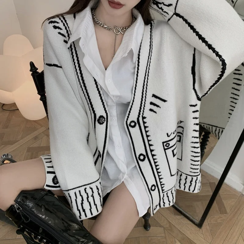 Retro Loose Graffiti Cardigan Knitted Jacket Long V Neck Autumn Winter Knitted Sweaters Tops Solid Casual Pull White Black Coats Boxy Cardigan Fitted Cardigan A-Line