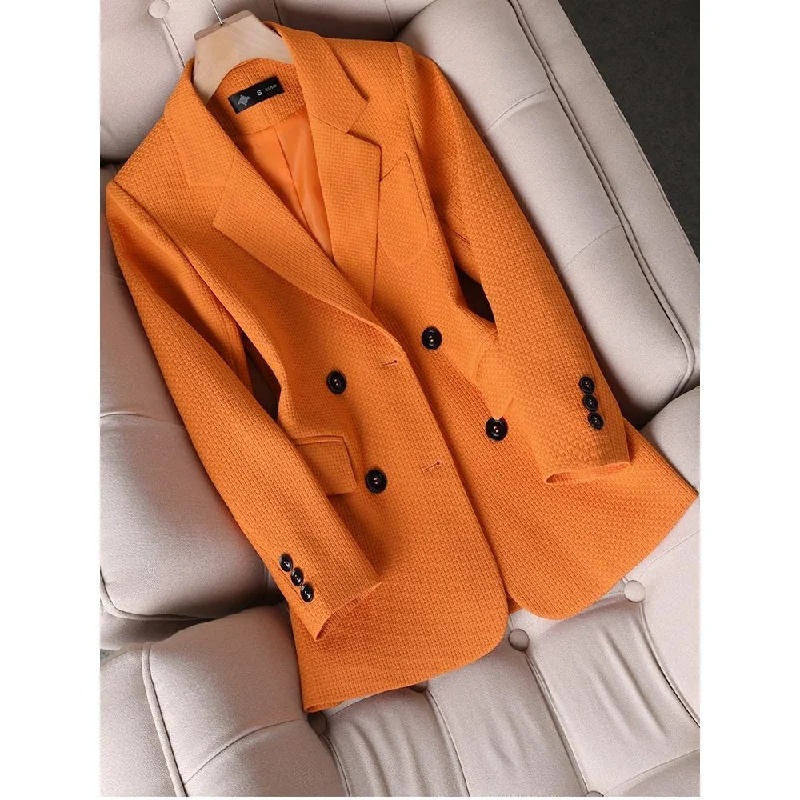 CAROLINE SUITS Women's Elegant Stylish Fashion Office Professional Woven Orange Plaid Blazer Jacket Zippered Front Buttoned Front Snap Front