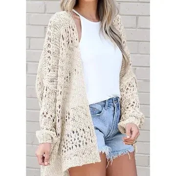 Desert Sands Beige Hollow Knit Open Sweater Cardigan Ribbed Striped Patterned