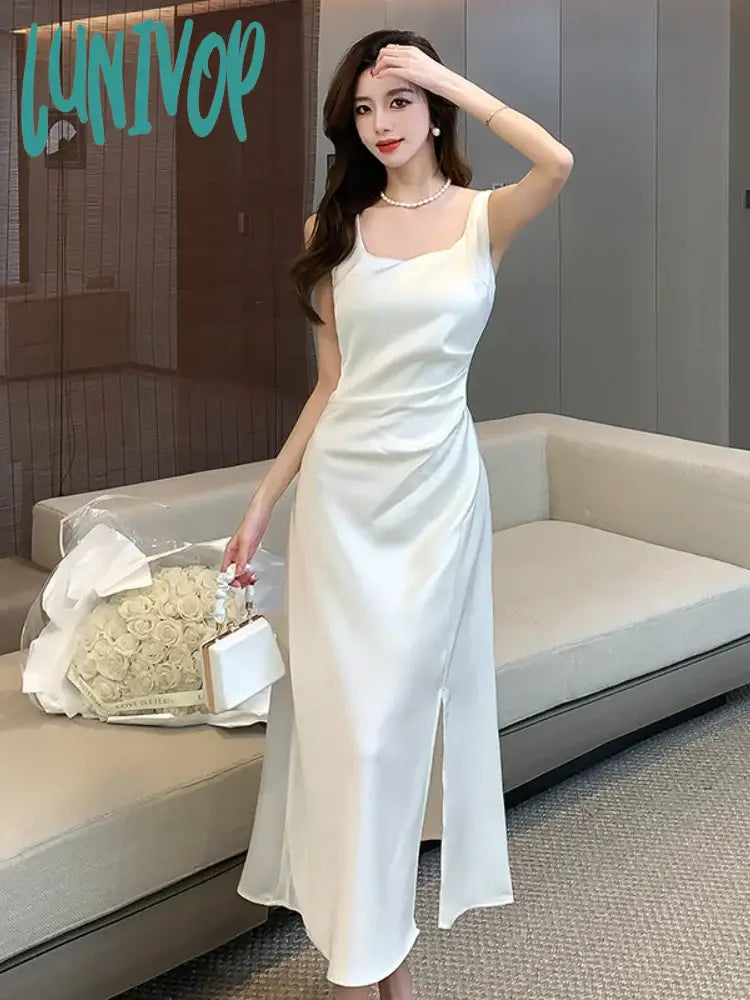 Lunivop Summer French Elegant and Stylish Square Collar Midi Party Dress For Women Sleeveless Black White Slim Vestidos Female Clothes Tunics Denim casual