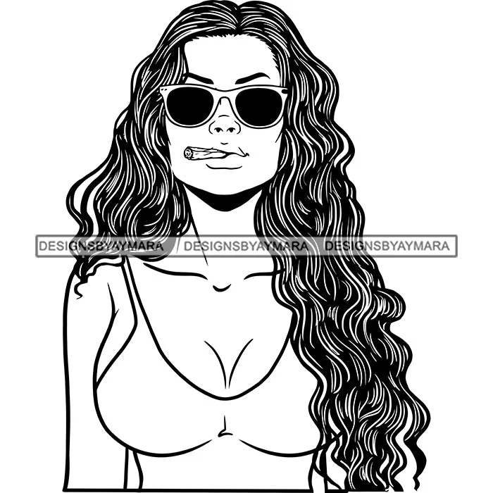 Sexy Woman Tank Top Sunglasses Smoking Grass 420 Hemp Wavy Long Hairstyle B/W SVG JPG PNG Vector Clipart Cricut Silhouette Cut Cutting workout tank top
