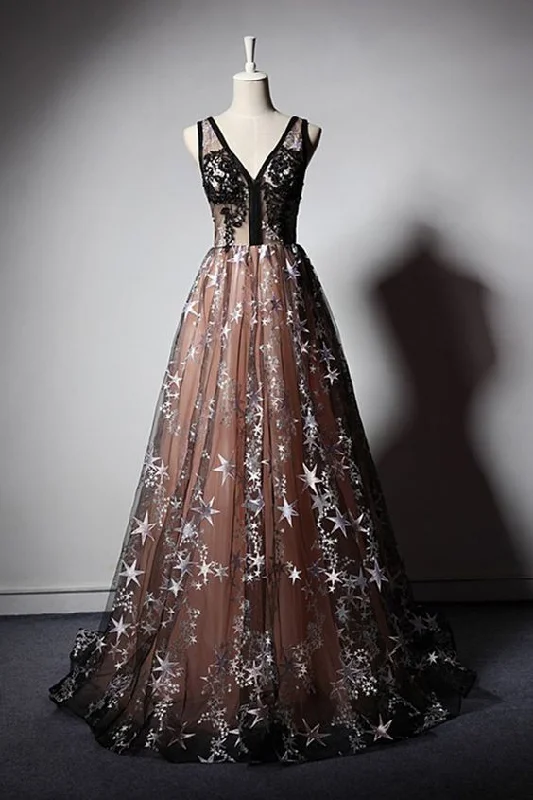 Unique black floral tulle v neck long halter prom dress, party dress    cg20118 Shift Classic Vintage