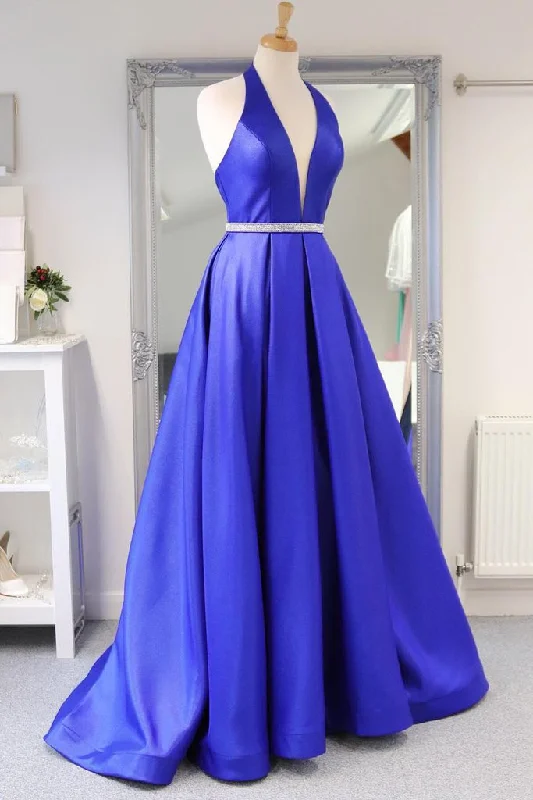 Royal Blue Satin Deep V Neck Simple Long Prom Dress Backless Party Dresses    cg22208 Tunics Chinos classic
