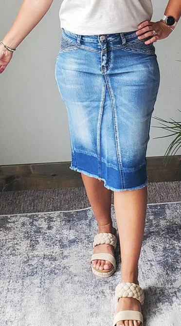 Zoe Blush Blue Midi Denim Skirt lace skirt romantic