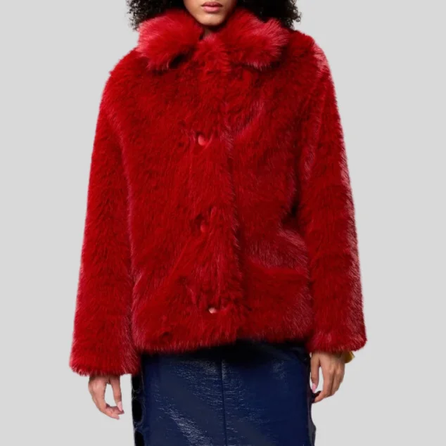 Faux Fur Oversized Collar Jacket - Red Welt Pockets Slit Pockets Flap Pockets