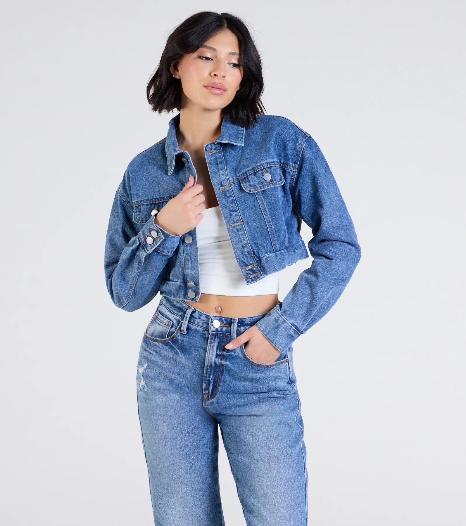 Casually Elevated Cropped Denim Jacket Bomber Jacket Anorak Windbreaker