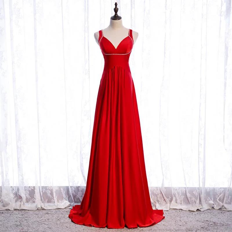 Chic Red Satin Beaded Floor Length Long Party Dress, Red Formal Dress 2021 Prom Dresses Bridesmaid Dress   cg16389 Tunics Fall fleece