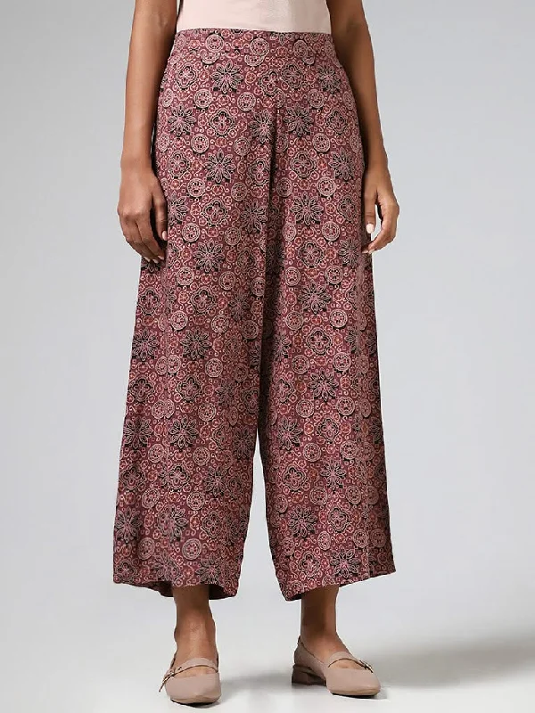 Utsa Magenta Floral Printed Wide-Leg Pants Chic Faux Leather Pants
