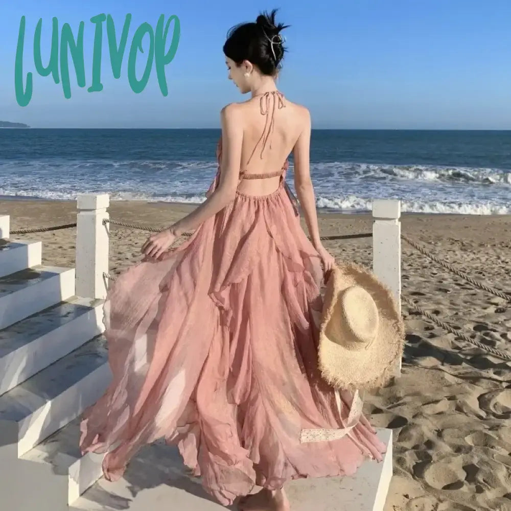 Lunivop Holiday Style Halter Backless Party Dress for Women Lavender Lolita Vacation Summer Fairy Sundress Pink Long Chiffon Clothes New Tunics Velvet soft