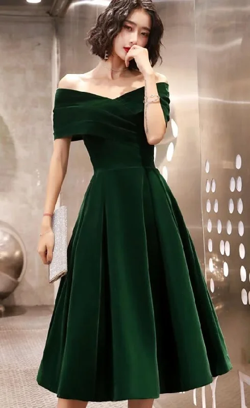 Green Velvet Off Shoulder Vintage Style Bridesmaid Dress, Tea Length Party Dress Prom Dress   cg18383 Tunics Prom sequined