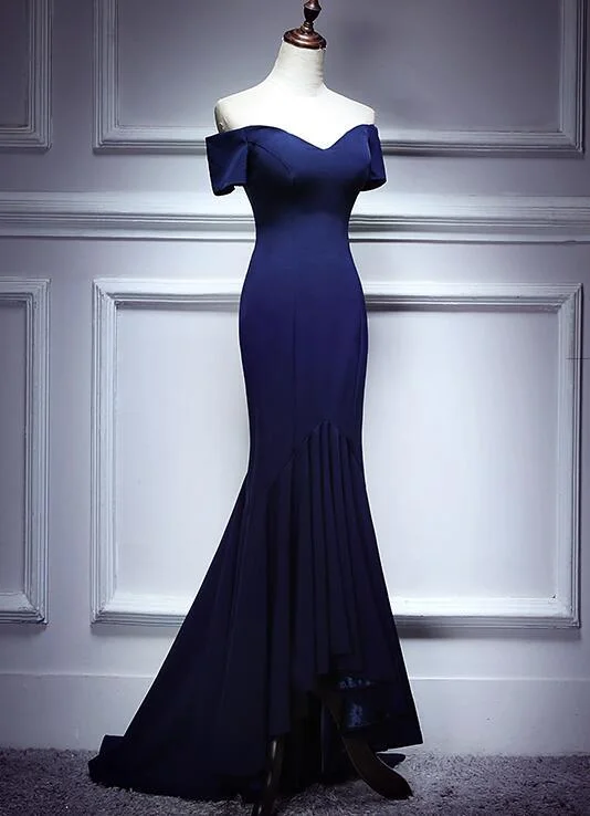 Navy Blue Spandex Mermaid Sweetheart Evening Gown, Charming Blue Prom Dress Party Dress   cg20090 Off-the-shoulder Chic Trendy