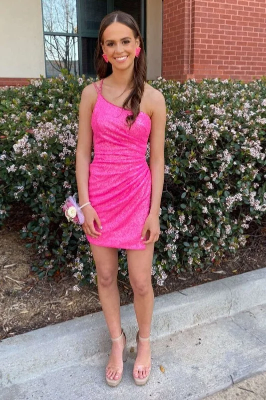 Hot Pink Sequin One-Shoulder Ruched Short Party Dress Tunics Occasion special