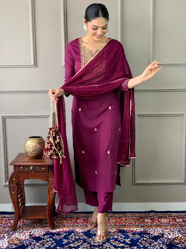 Women's Wine Rayon Slub Embroidery Work Kurta With Pant And Duppata Set - Dwija Fashion Cozy Knit Pants