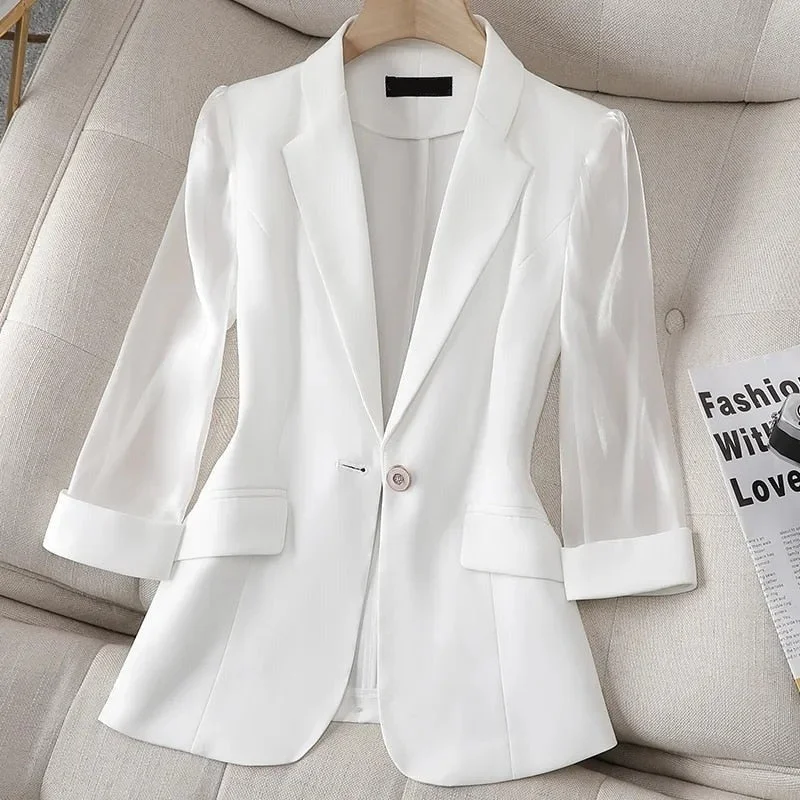 GRACE Design Women's Fashion Solid Color One Button White Blazer Suit Jacket Zippered Jacket Buttoned Jacket Snapped Jacket