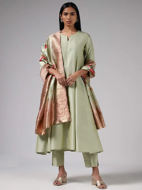 Vark Solid Lime Kurta, Straight Pants and Floral Printed Dupatta Set Formal Slim Pants