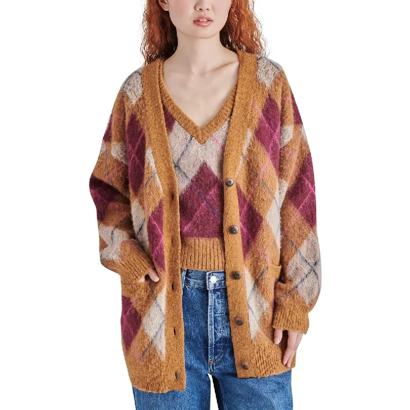 Steve Madden Womens Lexie Wool Blend Argyle Cardigan Sweater Chenille Brocade Lace