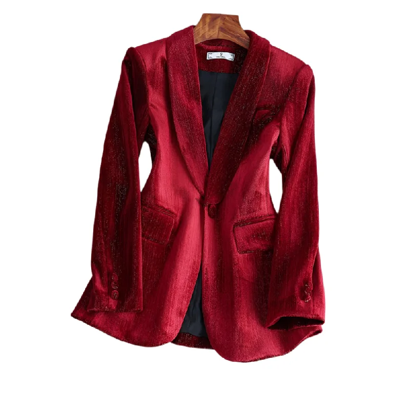 CAROLINE SUITS Women's Elegant Stylish Fashion Office Professional Solid Color Burgundy Red Velvet Blazer Jacket Satin Fabric Silk Fabric Chiffon Fabric