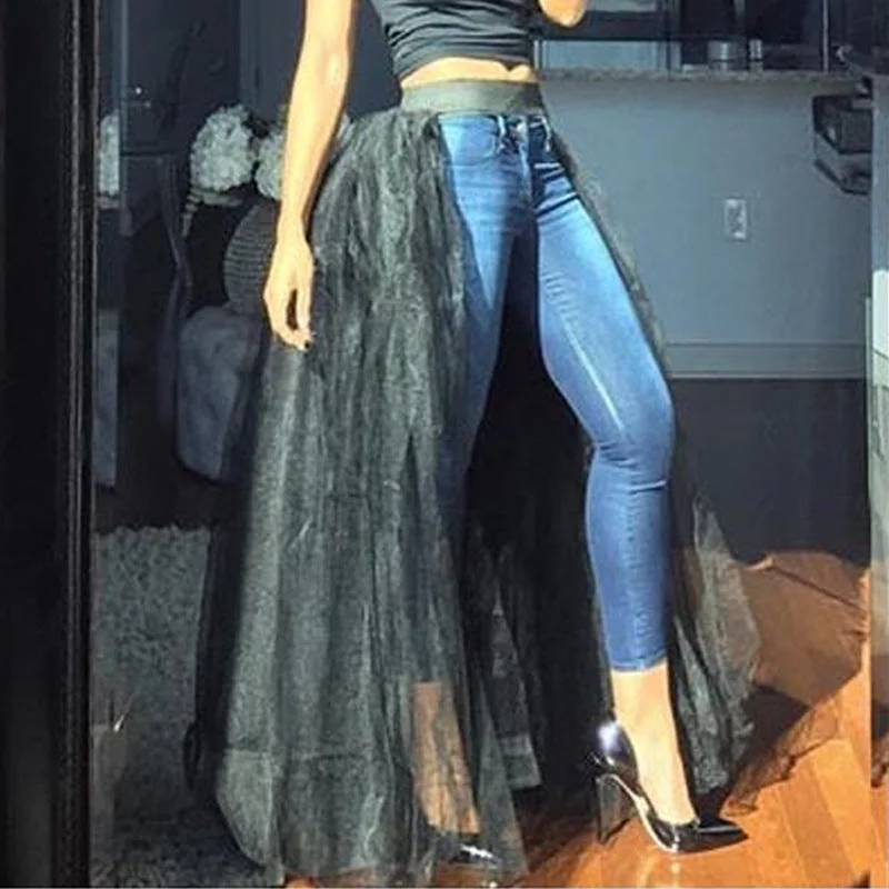 Sexy Autumn Floor Length Soild Mesh Elastic High Waist Women Skirt flowy skirt hem