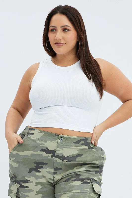 White Tank Top Sleeveless Crew Neck Seamless off shoulder tank