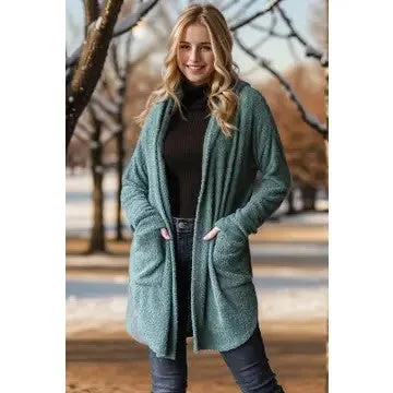 Dreaming Again Olive Hooded Open Cardigan Zippered Front Buttoned Front Snap Front