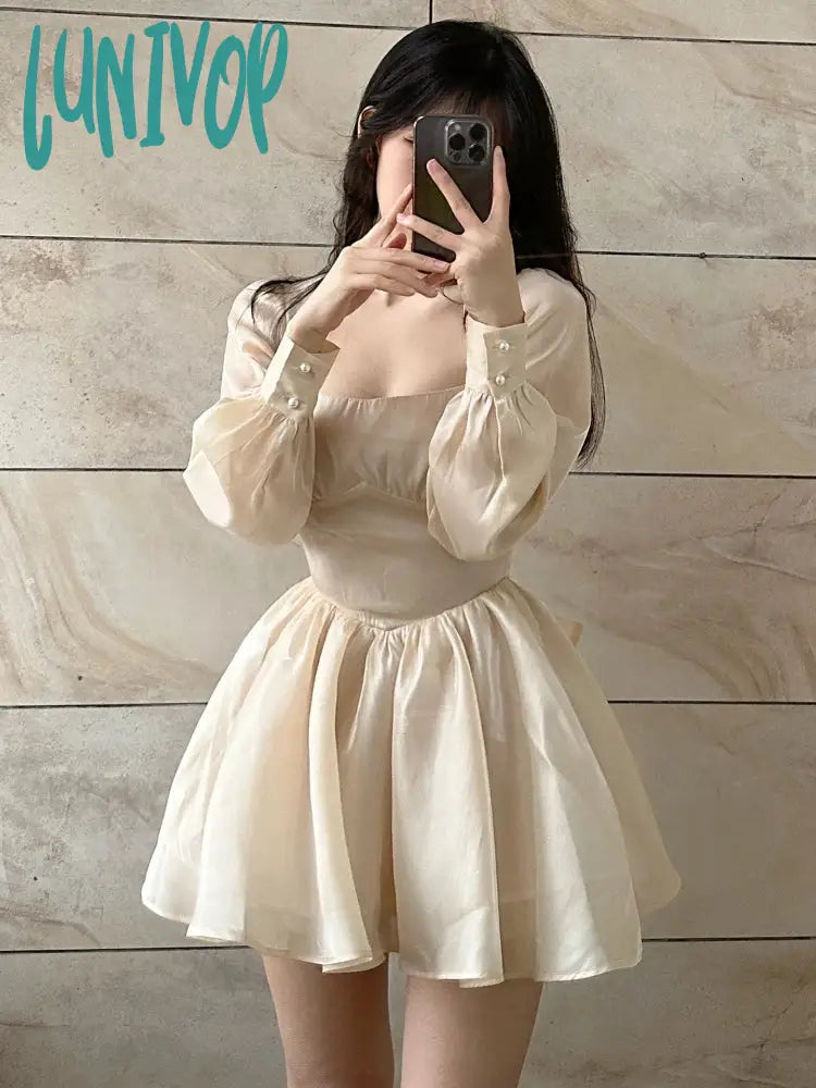 Lunivop Summer Apricot France Elegant Dress Women Bow Vintage Party Dress Female Lantern Sleeve Korean Fashion Designer Dress New Tunics Formal black