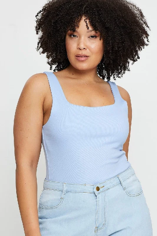 Blue Tank Top Square Neck Sleeveless Cotton peekaboo tank top